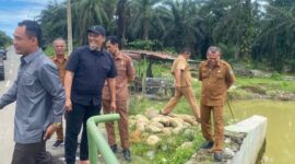 Ketua Dewan Perwakilan Rakyat Daerah (DPRD) Kabupaten Pasaman Barat, Dirwansyah dan Wakil Bupati Pasaman Barat M Ihpan serta Pelaksana tugas Dinas Pekerjaan Umum Penataan Ruang Bambang Sumarsono saat meninjau jembatan menuju Sikabau Koto Balingka, Senin (06/04/2026)